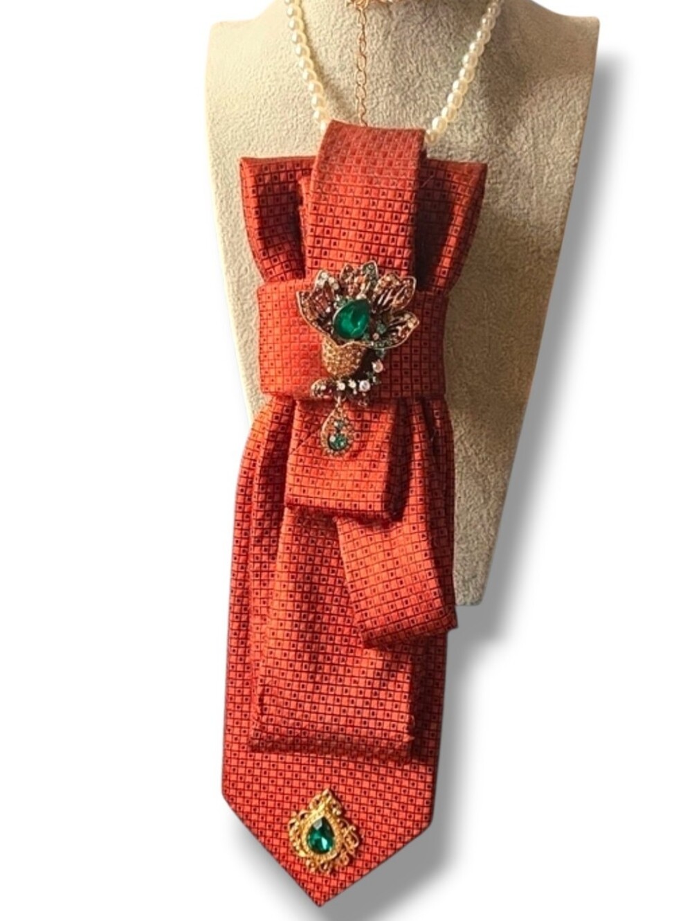 3/$60 Orange Statement Cravat with Green Floral Gem Accents